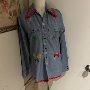 Embroidered Blue Button-Up Shirt